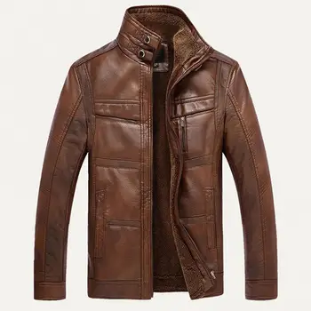 Autumn Winter Leather Jacket Men Warm Fleece Облицовани Coat Stand Collar Faux Leather Jacket chaquetas hombre кожено яке за мъже
