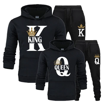 2022 KING QUEEN мъжки комплект, Модерен Комплект за Влюбени, Спортни Дрехи с Качулка и Принтом, Комплект от 2 теми, Hoody и Панталони, Големи Размери, Блузи За Жени