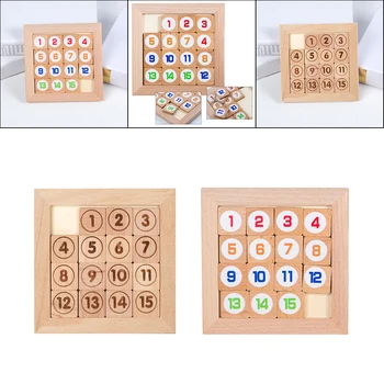 15 Плъзгащи се Плочи Puzzel Toy Математика IQ Klotski Дървени за Деца и Възрастни