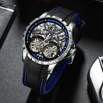 Автентичен мъжки бизнес часовници, модни напълно автоматични механични МЪЖКИ часовник с двойно Турбийоном, Кухи луксозни Ръчни Часовници с Ластик