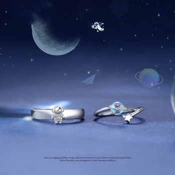 Нова Гореща Разпродажба Двойка S925 Сребърен Цвят Планета Астронавт Регулируем Пръстен Моден Тренд Бижута Подарък DZ0038